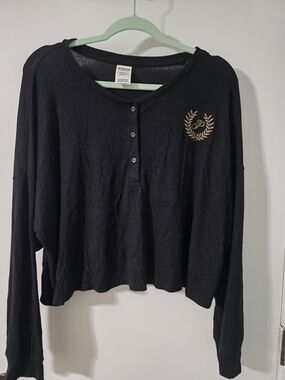 PINK Victoria's Secret Black Long-Sleeve Henley Top with Laurel Embroidery